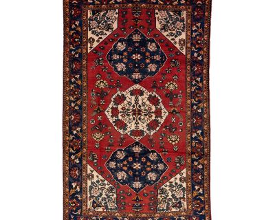 Hand-Knotted Shiraz Wool Rug in Red With Floral Design