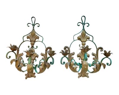 French Candle Sconces Wrought Iron & Tole Early 20th Century