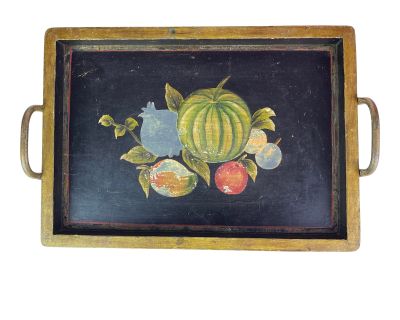 Antique Painted Vegetable Black Gold Wood Brass Tray