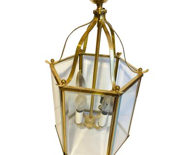 French Art Deco Brass Glass Hexagon 3 Light Lantern Chandelier