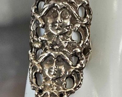 Antique Art Nouveau Sterling Silver 3 FACE RING ~ Size 9.5 ~ 1-3/4" long