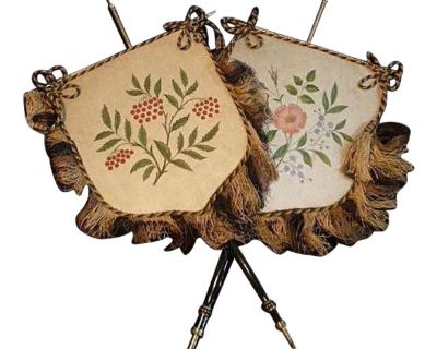 Antique Face Screens Silk With Fringe / Victorian Hand Painted Pair With Flowers / Porcelain Brass Holders Fireplace Design 19c/