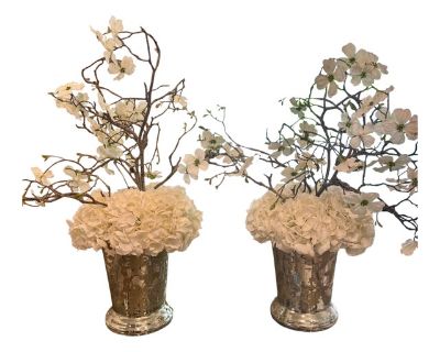 Stunning pair of etched mercury glass vases, featuring real touch white hydrangea and dogwood faux florals. Quality styled similar to John-Richard faux floral pieces. Handcrafted vases display a beautiful, unique etched design and distressed silvered finish. Gorgeous statement pieces on dining table, entry console, pair of demilunes, kitchen island, or fireplace mantel. Total height with floral...