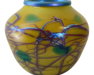 Vintage Mouth Blown Art Glass Vase in Yellow and Blue by Carl Radke