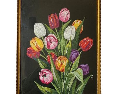 1990s Tulip Floral Embroidered Needlepoint Artwork