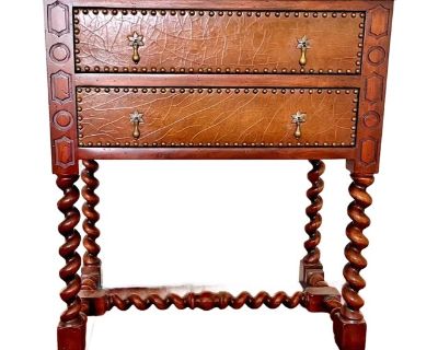 1990s Vintage John-Richard Edwardian Leather Top Barley Twist Side Table With 2 Drawers