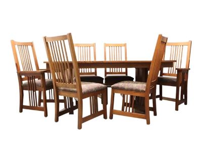 Dining Set | Bassett Furniture Trestle Table and 6 Chairs | Mission Style