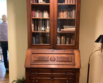 Antique Walnut Drop Front Secretary Desk and Bookcase Cabinet
