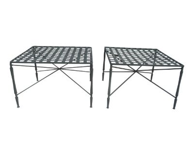 These Iconic Tables have the classic woven lattice top with a hand hammered finish on the legs. These items are unmarked as should be for Salterini from the mid 20th century.. Dimensions 22 W 20.75 D 14 H Styles Neoclassical Table Shape Rectangle Styled After Mario Papperzini Period Mid 20th Century Country of Origin Italy Item Type Vintage, Antique or Pre-owned Shop Sustainably with Chairish M...
