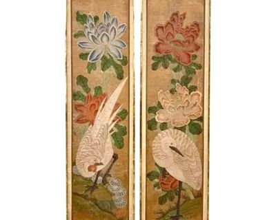 Pair Antique Chinese Hand Painted Wall Panels. Each panel depicts elegant white egrets among blooming peonies and chrysanthemums. The paintings are in rich mineral pigments on paper, mounted on narrow giltwood frames. The tall vertical compositions reflect the the traditional Korean folk art paintings of the late 19th century, created for decorative and auspicious purposes. The egrets symbolize...