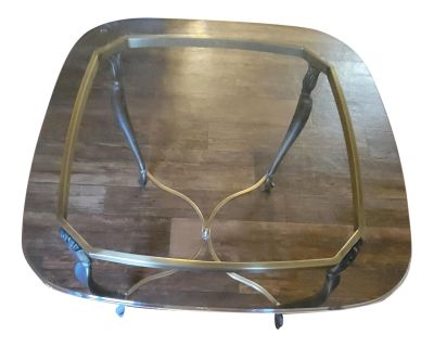 1980s Brass Base Glass Top Rounded Square Coffee Table