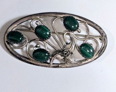 Vintage Navajo Native American Sterling Silver MALACHITE Lapel Pin