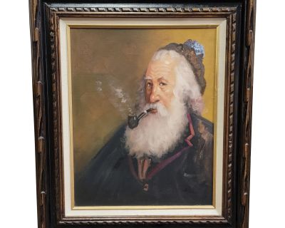Vintage 1960s Carved Wood Framed Signed Oil Painting of Old Bearded Man Smoking a Pipe