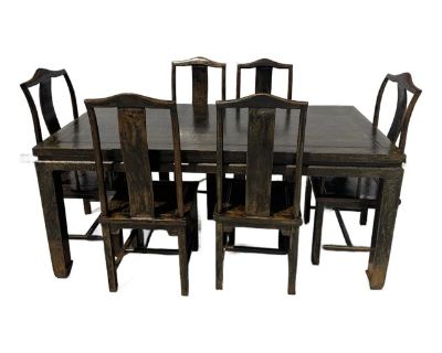 19th Century Asian Antique Dining Table With Chairs - Set of 7