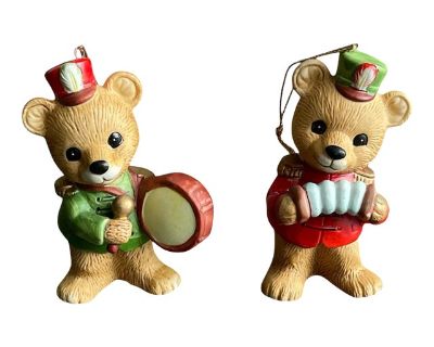 Set of 2 Vintage Homco Christmas Bear Ornaments Musical Accordion & Drum Figurines #5553