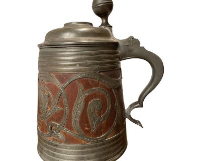 19th Century Swedish Oak & Pewter Tankard With King Carl XV Coin