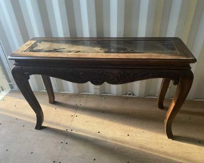Brown sofa table console with glass