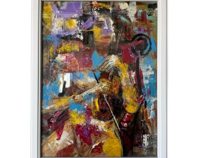 Vintage Woman With Guitar- Expressionist Oil Painting, Framed