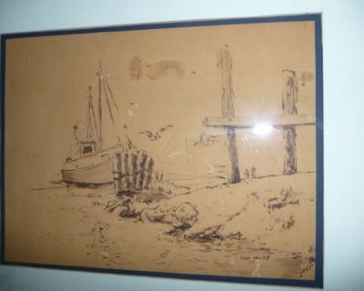 Etching Pen & Ink signed SAUL PLOSKY 1957 Harbor Wharf Fishing Boat