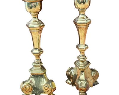 Pair of Vintage Brass Baroque Candlesticks Trifoot Base, 11.5″ Tall, C. 1960s