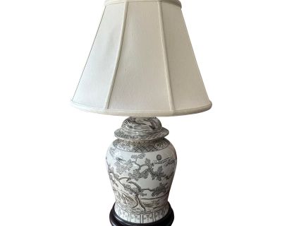 Large Vintage Chinese Chinoiserie Porcelain Ginger Jar Table Lamp With Shade, Black and White