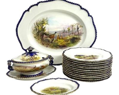 Antique Royal Worcester 1898 George Johnson Hand Painted Game Bird China- 17 Pieces