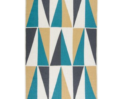 Clare Indoor/Outdoor Coastal Color Block Rug in Indigo, Turquoise & Tan, 1ft-8in x 2ft-10in
