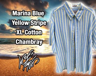 Marina Blue /Yellow Stripe XL Cotton Chambray  Sports Shirt