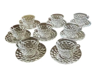 Mid 20th Century Cut Glass Teacups & Saucers, Set of 19