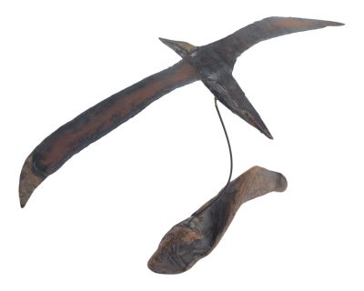 Vintage Modernist Brutalist Mixed Metal Flying Bird Sculpture on Driftwood Base
