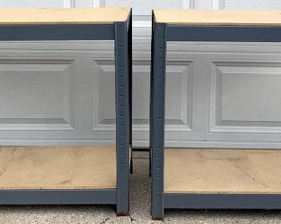Set of 2 Garage Shelving Units - Metal Frame Fiberboard 2 tier Shelf Storage *$30 takes BOTH*
