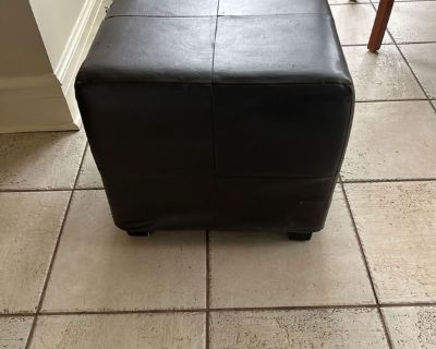 Leather cube ottoman. 17 x 17 by 16 tall One hole and a few marks. Still solid. On short legs Check out the pictures at:
