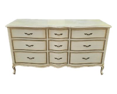 Mid 20th Century Drexel Provincial Serpentine Mahogany Partial Gilt and Cream Triple Dresser