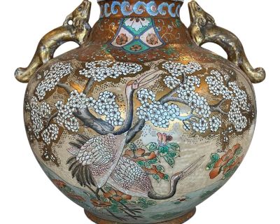 Satsuma Ceramic Vase With Hand-Painted Crane & Cherry Tree