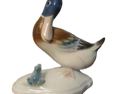 Vintage Metzler & Ortloff Porcelain Duck and Frog Figurine Blue Germany Mo Crown 6224
