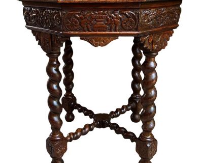 Antique French Octagon Sofa Table Carved Oak Barley Twist Louis XIII Renaissance