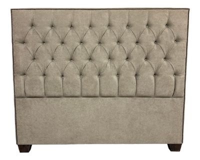Design Plus Gallery presents a Queen Size Verona Headboard Custom Made by California Sofa. The khaki toned, diamond tufted, and faux suede upholstery to the headboard also offers a detailed border of antique brass nailheads. Subtle drama for bedroom or guest room. Is in good showroom like condition with minimal visible surface wear for its usage. Original Price : $1,700. Dimensions 66 W 4 D 55....