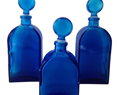 Set of 3 1970s Empoli Inspired Blue Lapis Decanter Bottles With Ball Stoppers