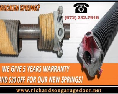 Richardson Garage Door is the best choice for broken Garage Door Spring Repair in Richardson, TX. Our technicians offer Garage Door Spring solutions. We want to point out the importance of having an expert deal with this component of any Garage Door. 

A Broken Spring can cause problems with your door opening and closing, so call us for an inspection to catch any problems. We offer the best, mo...