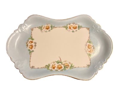 Antique Handpainted Dresser Tray Features: - by MZ Austria - impressed with numbers on underside - signed by artist on underside - Measures 12.5' x 6 7/8' x 1" height - interior with an embossed design - beautiful handpainted design on interior of tray detailed with gold rim - no observed issues; one area of loss observed on underside rim as pictured - backstamped as pictured; circa 1884 - 1909...