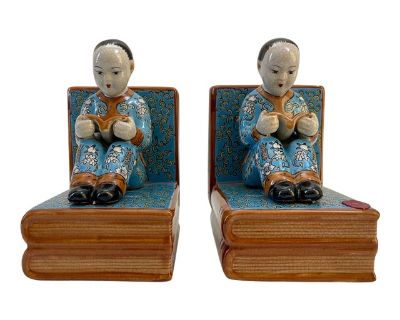 Chinese Chinoiserie Figurine Blue Porcelain Bookends - a Pair