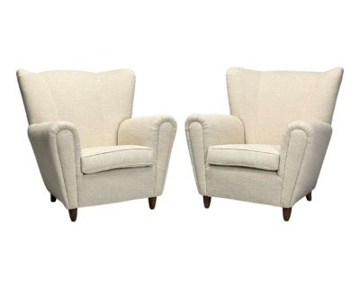 1940s Italian Modern, Stained Wood, Beige Tweed Fabric Club Chairs, Italy- Set of 2