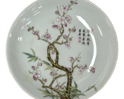 Chinese Pink Blossom Flower White Porcelain Plate Display Art