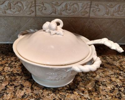 SOUP TERRINE & LADLE - Antique White with Fruit Accents, Brand New, Never Used.
