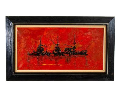 1960s Mid Century Modern Danish Original Boats Sea Oil Painting Abstract Red Black, Framed