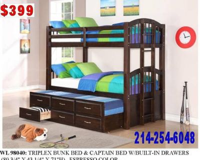 >TRIPLEX BUNK_BEDS AND CAPTAIN BED W/BUILT IN DRAWERS..NEW