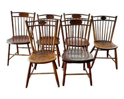 Early 19th Century Antique Plank Seat Birdcage Windsor Chairs - Set of 6