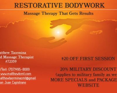 Hello! I am Matthew Taormina, Certified Massage Therapist, serving San Clemente and surrounding areas. I am a graduate of the National Holistic Institute with over 900 hours of training. I specialize in restorative techniques including Myofascial Release, Decompression (Cupping), Facilitated Stretching, Deep Tissue, and Thai Yoga. First sessions are $20 off.  I also offer a 20% military discoun...