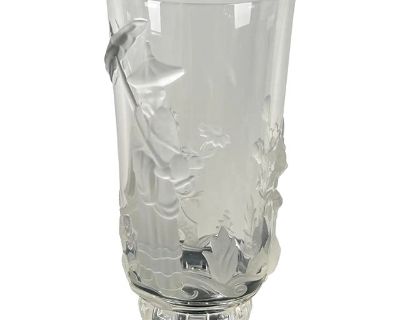 Verlys French Art Glass “Mandarin” Vase Frosted & Clear Relief Design Circa 1930