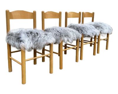 1960s Set of 4 Vico Magistretti Style Dining Chairs in Tibetan Long Hair Sheepskin